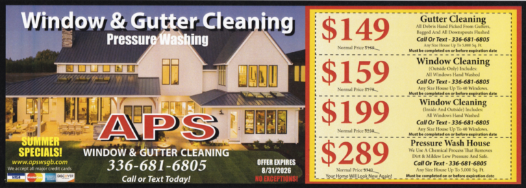 Advertisement for APS Window & Gutter Cleaning with a photo of a large house and the service line 'Window & Gutter Cleaning' plus 'Pressure Washing' and the phone number 336-681-6805.